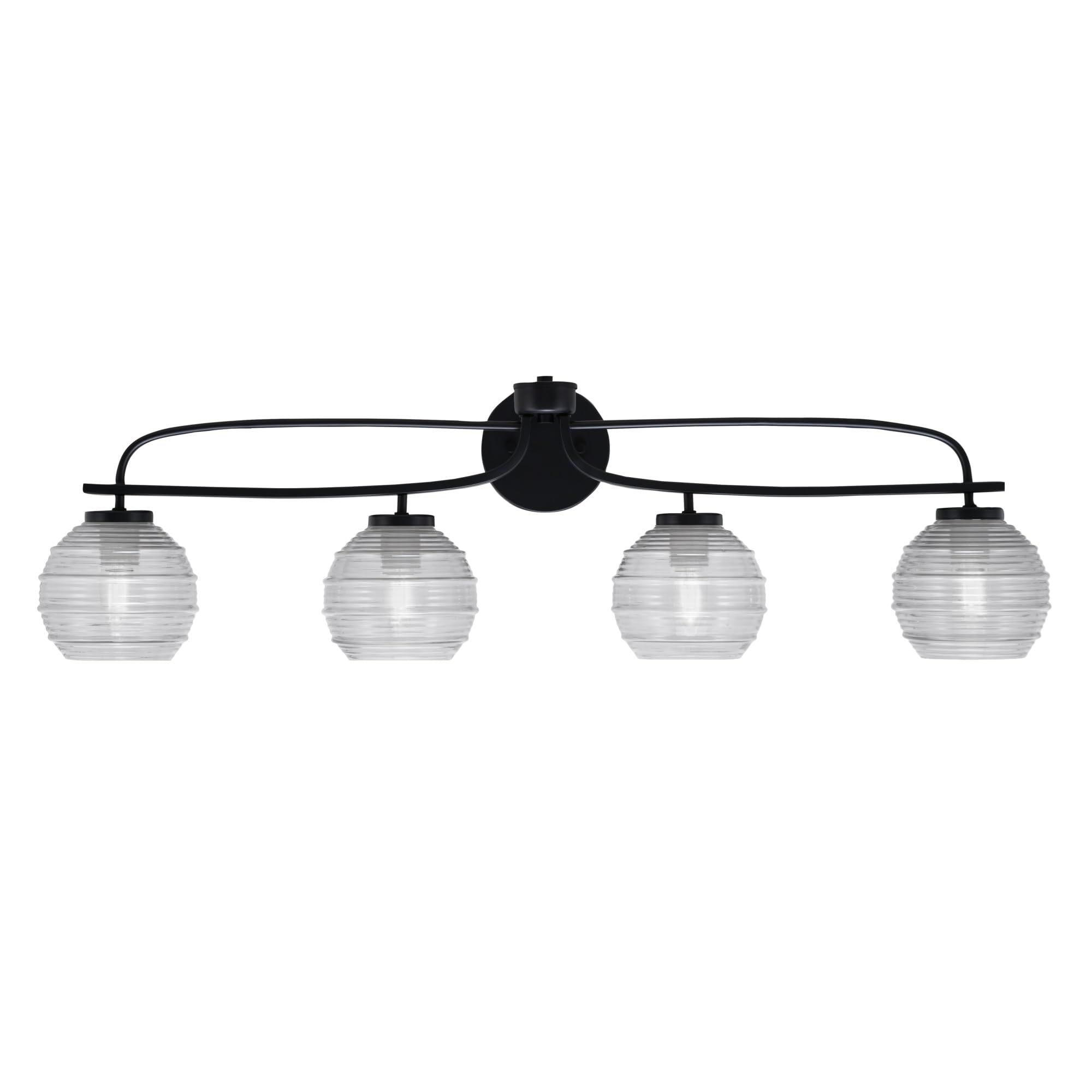 Cavella 4 Light Bath Bar Shown In Matte Black Finish With 6" Clear Ribbed Glass