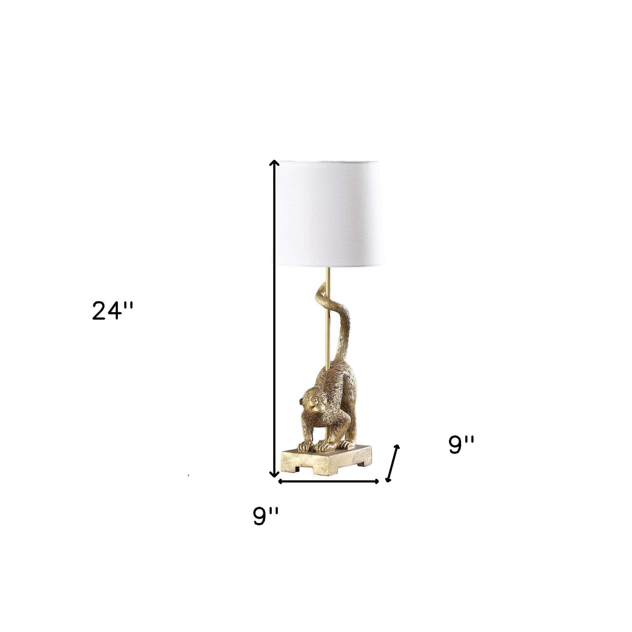 Homeroots Gold Monkey Table Lamp With White Drum Shade, 24 X 9 X 9 In., Model 524262