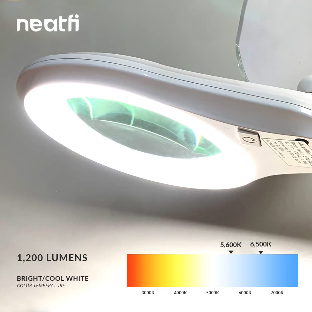 Neatfi 1,200 Lumens Super Led Magnifying Lamp With Clamp, 5D, Dimmable, Includes Microfiber Cleaning Cloth, 60 Smd Leds, 5 Inch Diameter Lens For Reading, Sewing, Crafting (5 Diopter, White)