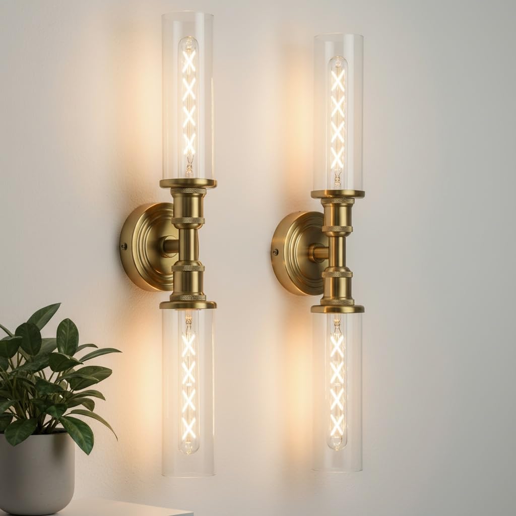 Ken & Ricky 24In Wall Sconces Set of Two  Brushed Gold Bathroom Sconces Wall Lighting with Clear Glass  Vanity Lights for Bathroom Bedroom Living Room Hallway KR3376-W-BG-2PK