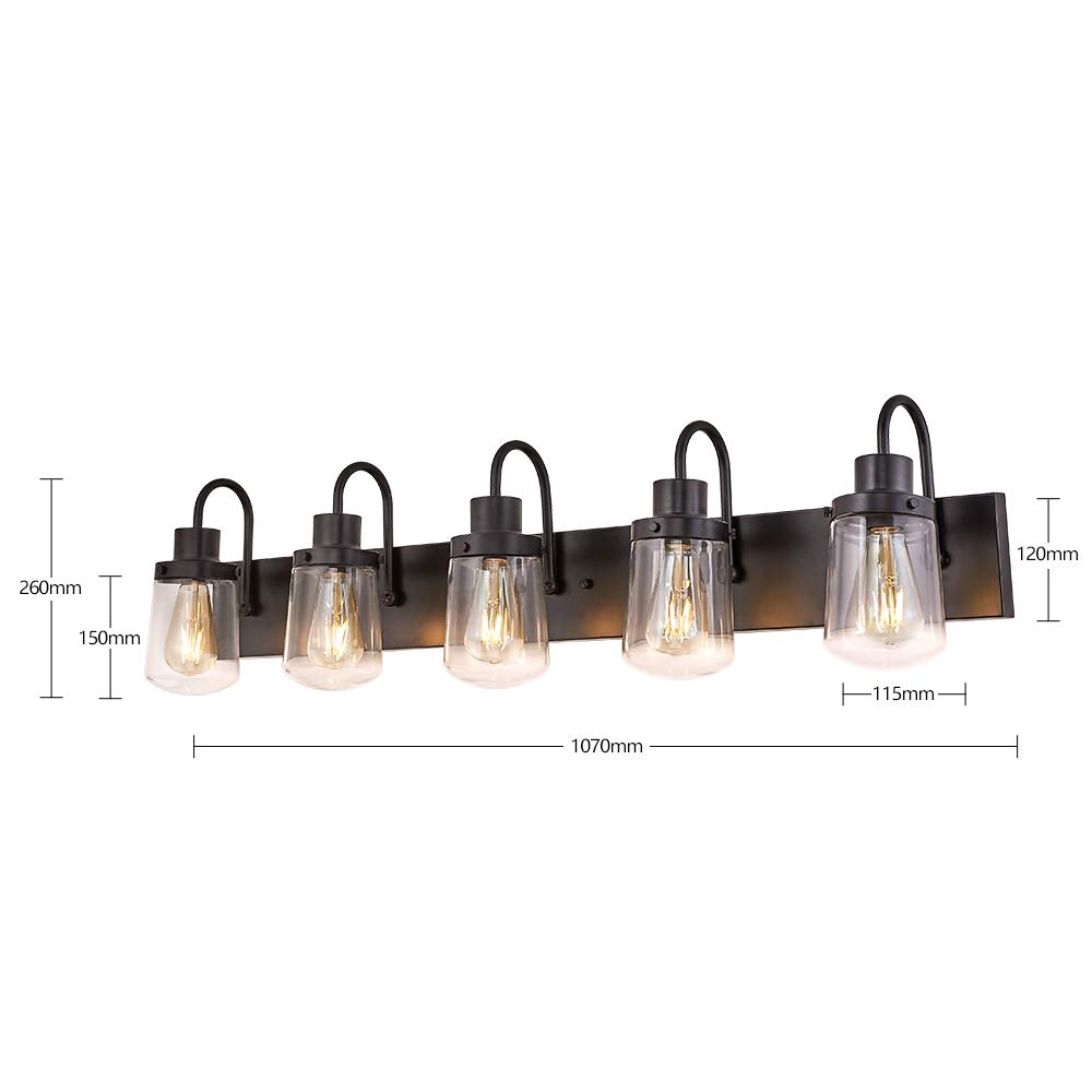 Yaohong Black Bathroom Vanity Light Fixture with 5 Glass Globe Shades, Model AT9064WL5-BK for Hallway, Kitchen, Living Room
