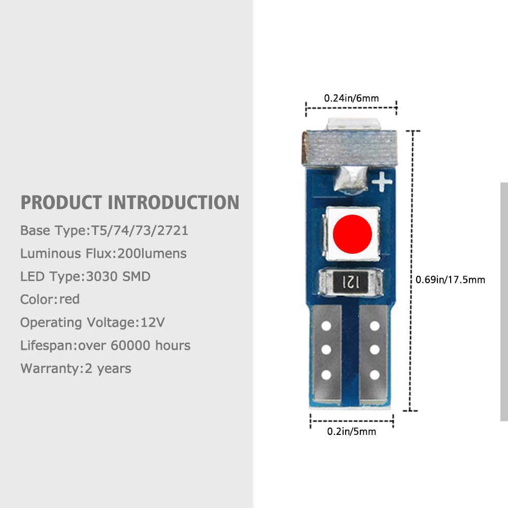 Nanpoku T5 LED Bulbs 74 73 37 2721, Red, Canbus Error Free for Auto Dashboard, Gauge Cluster Indicator Lights, 12PC