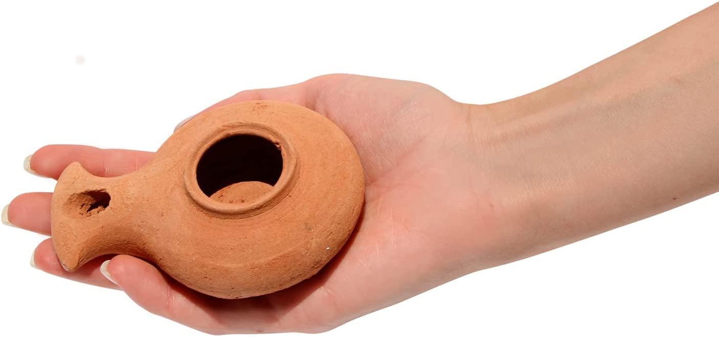 Biblical Clay Oil Lamp With Jar – Herodian Style Terra-Cotta Lamp – Handmade In The Holy Land – Ancient Replica From Archaeological Finds – Christian & Jewish Faith Artifact