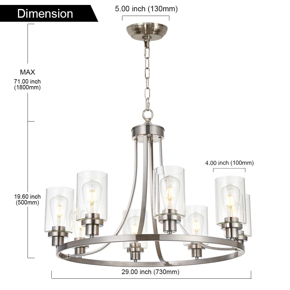 MELUCEE Modern Chandelier Brushed Nickel Finish 8 Lights, Dining Room Lighting Fixtures Hanging Industrial Pendant Lighting for