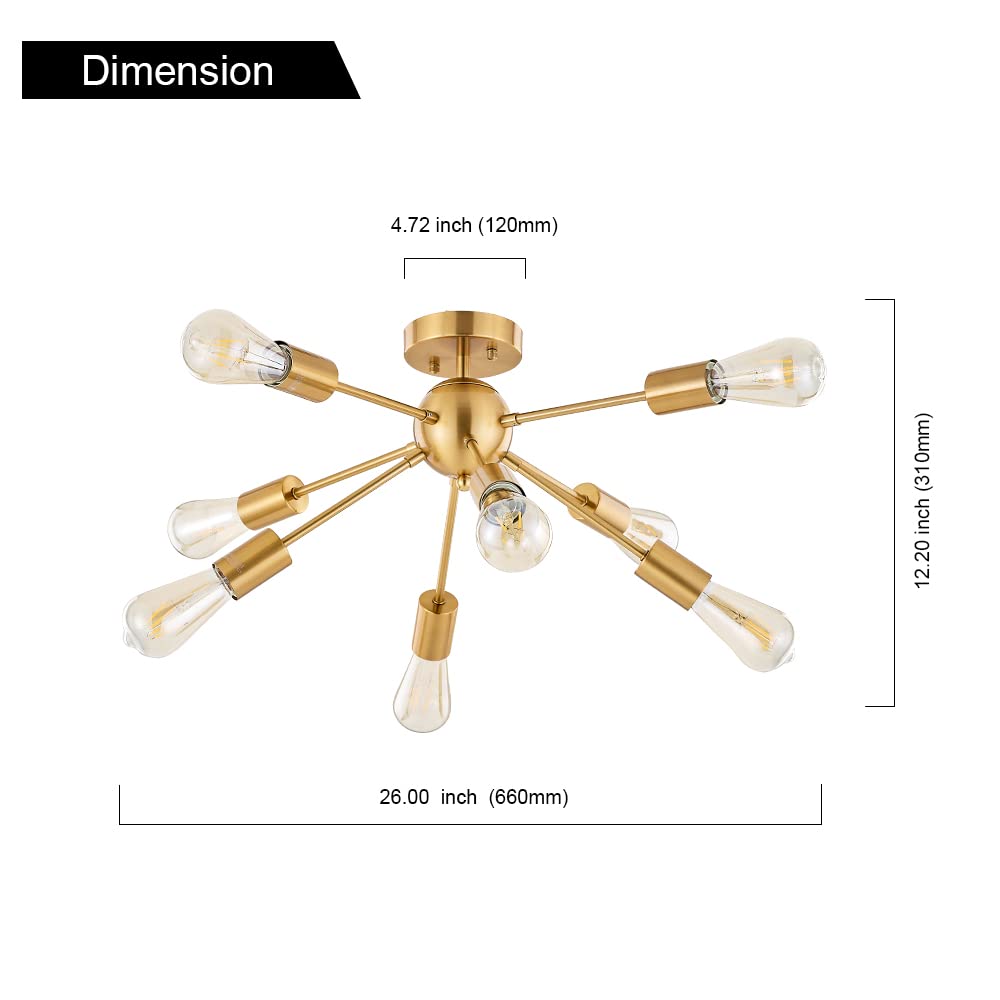 BONLICHT Sputnik Ceiling Light Modern Chandelier 8 Light Brushed Brass Semi Flush Mount for Kitchen Dining Room Bedroom