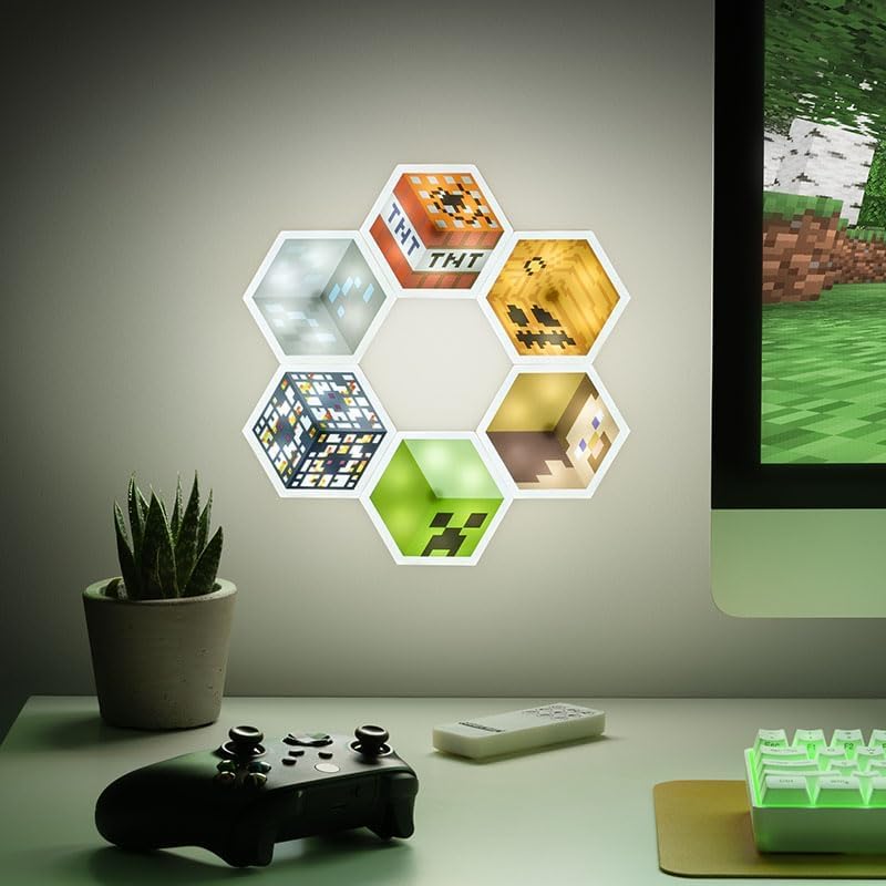 Paladone Minecraft Officially Licensed Led Hexagon Block Light Customizable Iconic Gamer Decor For Boys Room, Wall Mounting Remote Or Touch Control Gaming Accessory Gift - Creeper, Tnt And Steve
