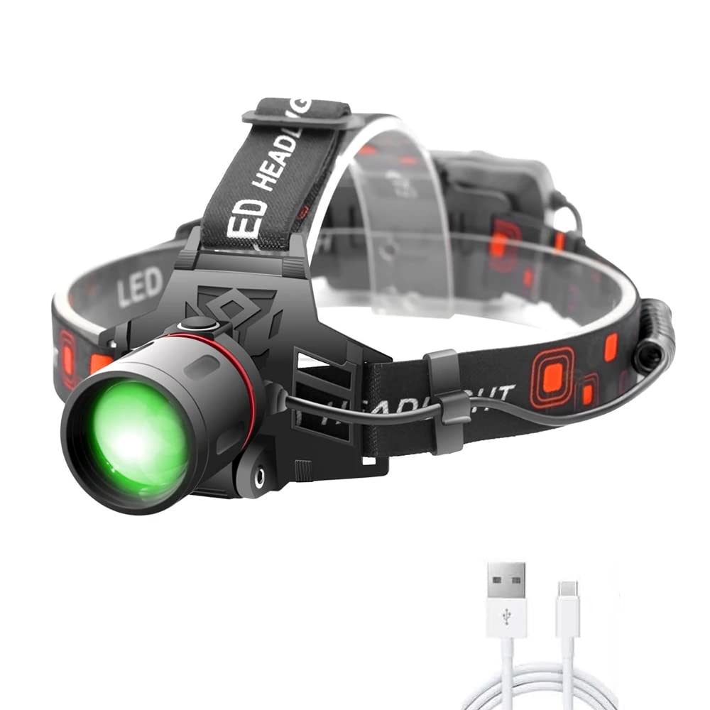 PROFORUS LED Headlamp Hunting Rechargeable, Headlamp with Green and White Light Option for Hunting Night Vision Zoomable Head Li