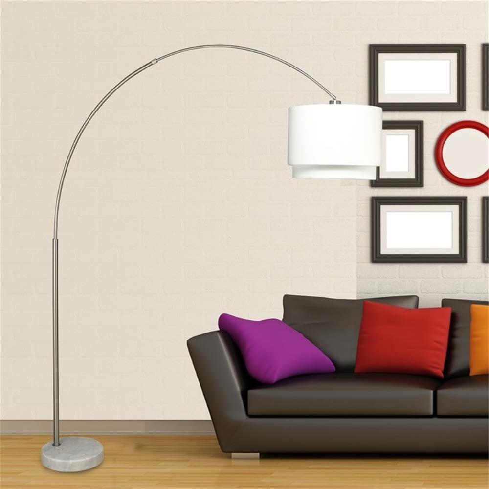SH Lighting 6938 Brush Steel Floor Lamp - 81" Tall, Marble Base, Large Drum Shade, White-Double