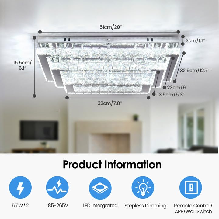 Finktonglan 20&quot; Dimmable Crystal Led Rectangular Flush Mount Chandelier For Living Room/Bedroom