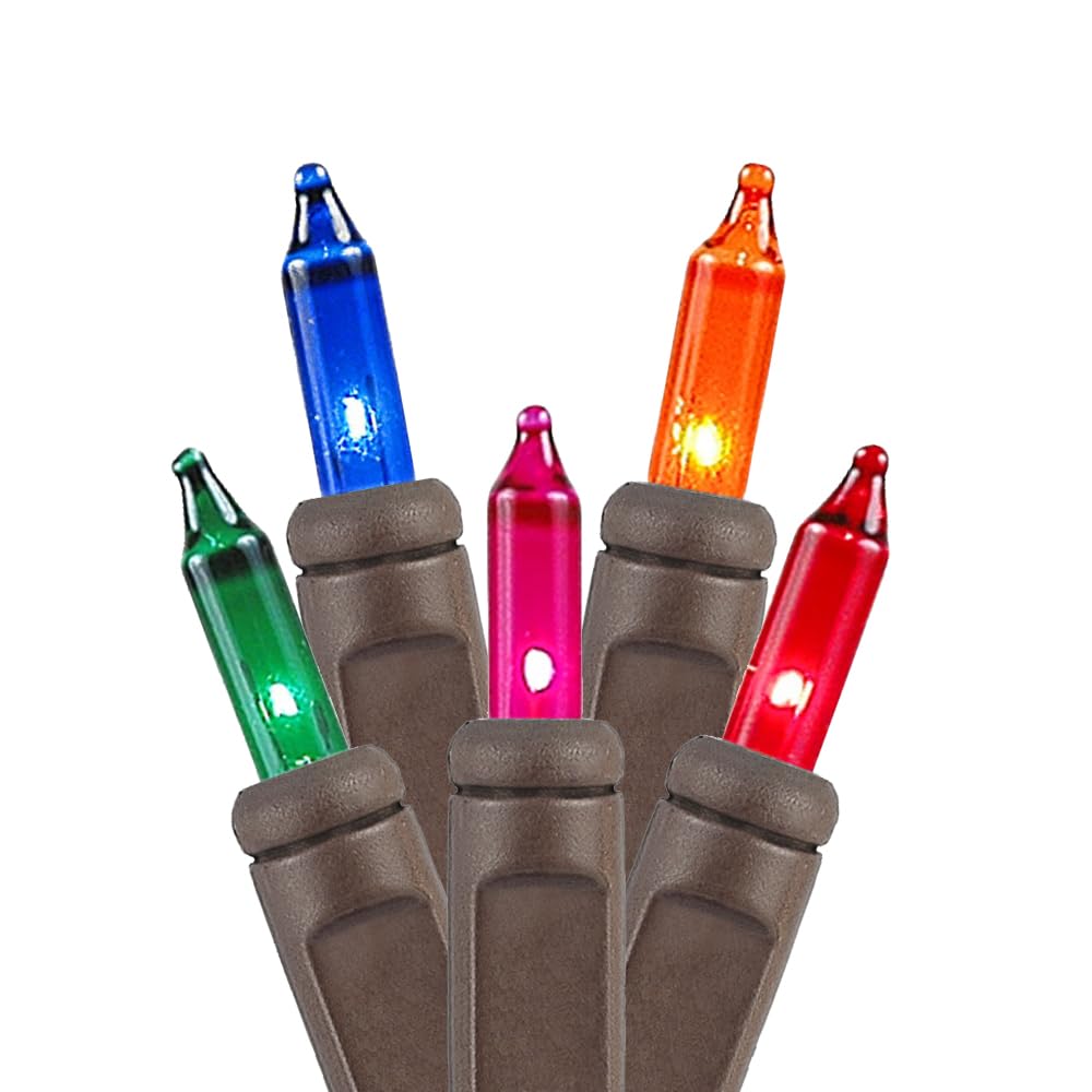 Novelty Lights 50 Feet 100 Bulbs Traditional Incandescent Mini Lights, Multicolor On Brown Wire With 6 Spacing, Commercial Grade