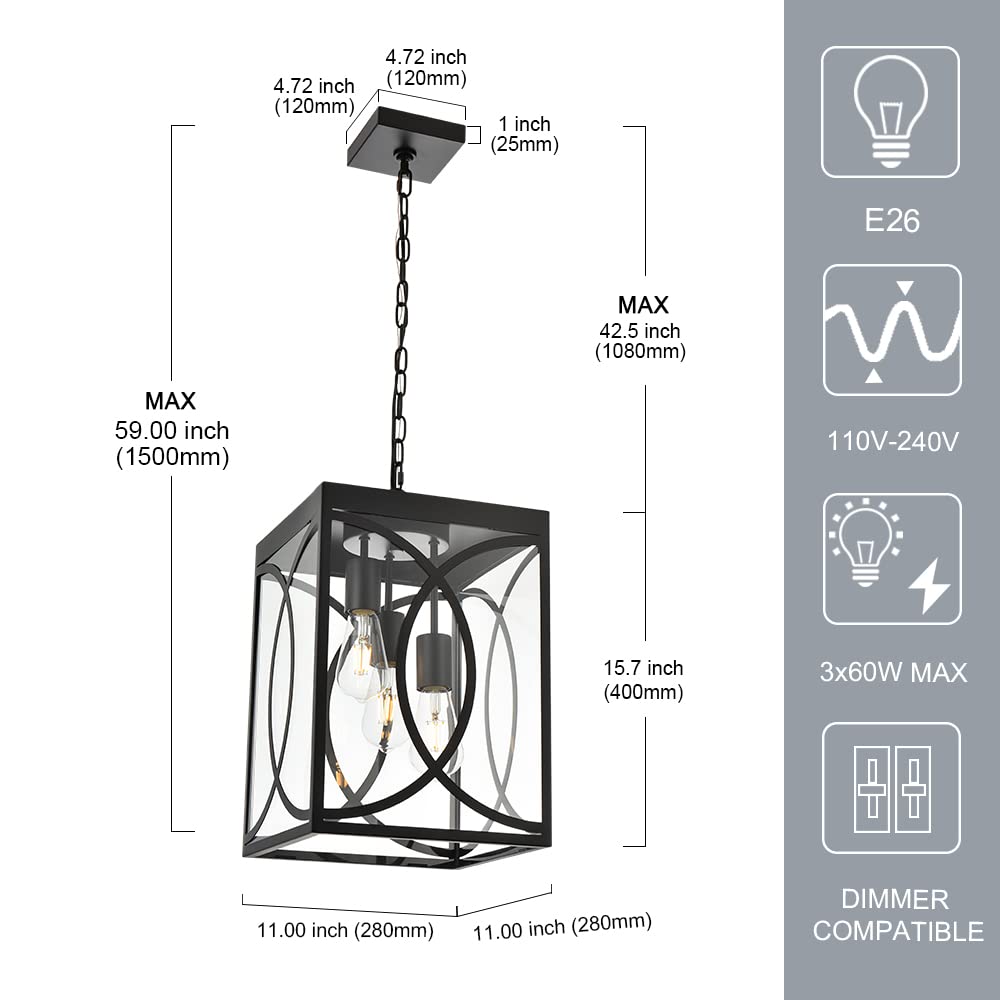 Winshen 3-Light Outdoor Pendant Light Fixture, Black Metal Chandelier With Clear Glass