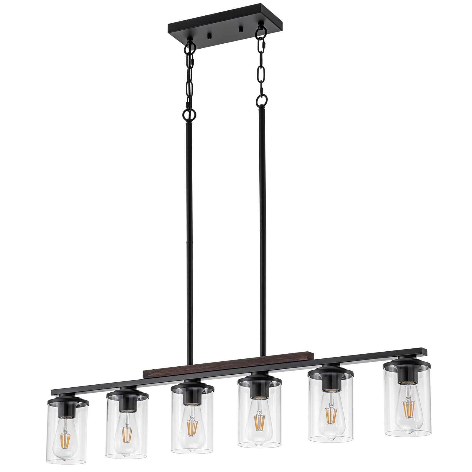 Alynzee Farmhouse Dining Room Light Fixture, 6-Light Kitchen Island Lighting Black And Rustic Wood Chandelier Over Table Adjusta