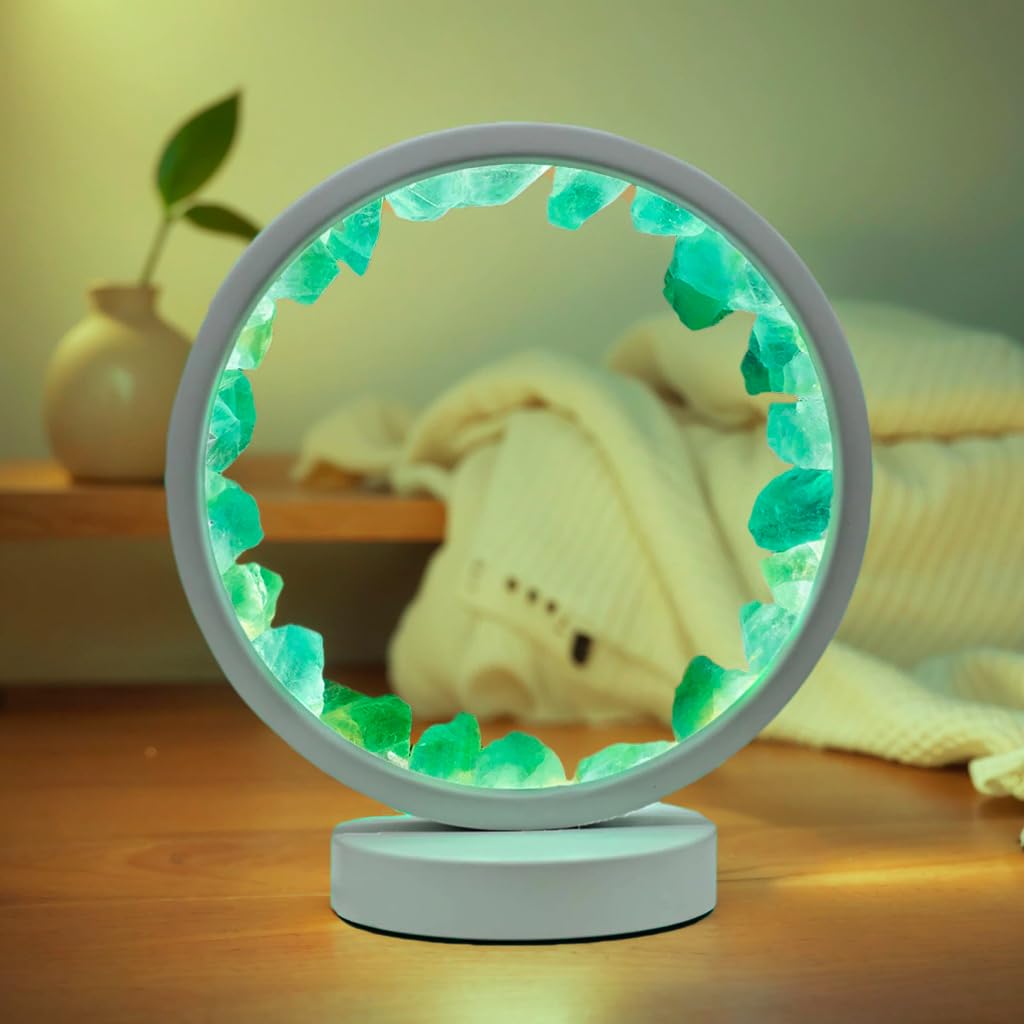 RUIJINGYUAN Natural Raw Green Fluorite Crystal Night Light - 7.9 USB Powered Bedside Lamp with 3 Color Dimmable Modes, Perfect f