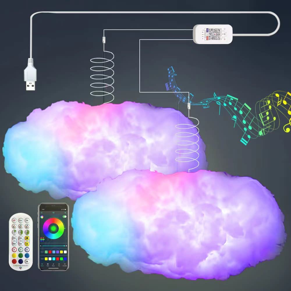 ZOKON 2PCS 3D Big Cloud lightning Light Kit Music Sync Warm Multicolor lightning Changing Strip Lights 360 Degree Wireless Remot