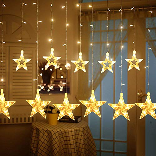 Tofu Star Curtain Lights, 108 Led 12 Stars Remote Window Curtain String Lights Plug In With 8 Flashing Modes Decoration For Chri