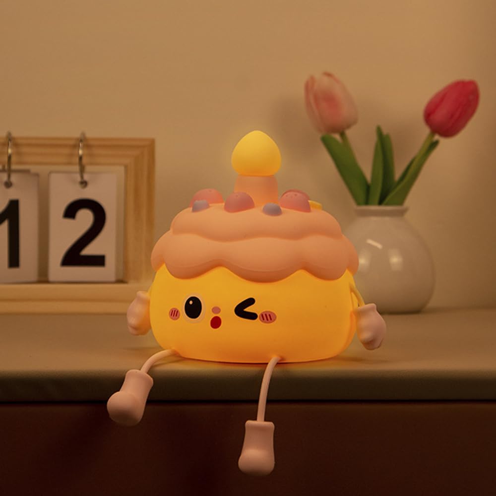 ipalmay Fun Night Light - Cute Birthday Cake Night Lamp USB Rechargeable, Auto-Off Nursery Bedside Sleep Lamp 2 Brightness Level