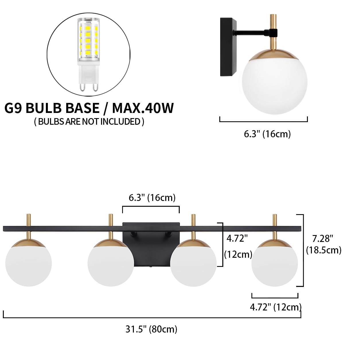 Zsmihdoh Mid Century Modern 4-Light Vanity Light - Black & Gold Globe Bathroom Fixture