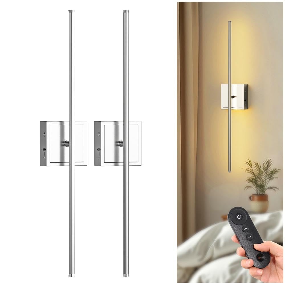 DORESshop Battery Operated Wall Sconces Set of 2, Dimmable, Chrome, 28.1 Inch, Rechargeable, Remote Control, Model 7192cf28-936