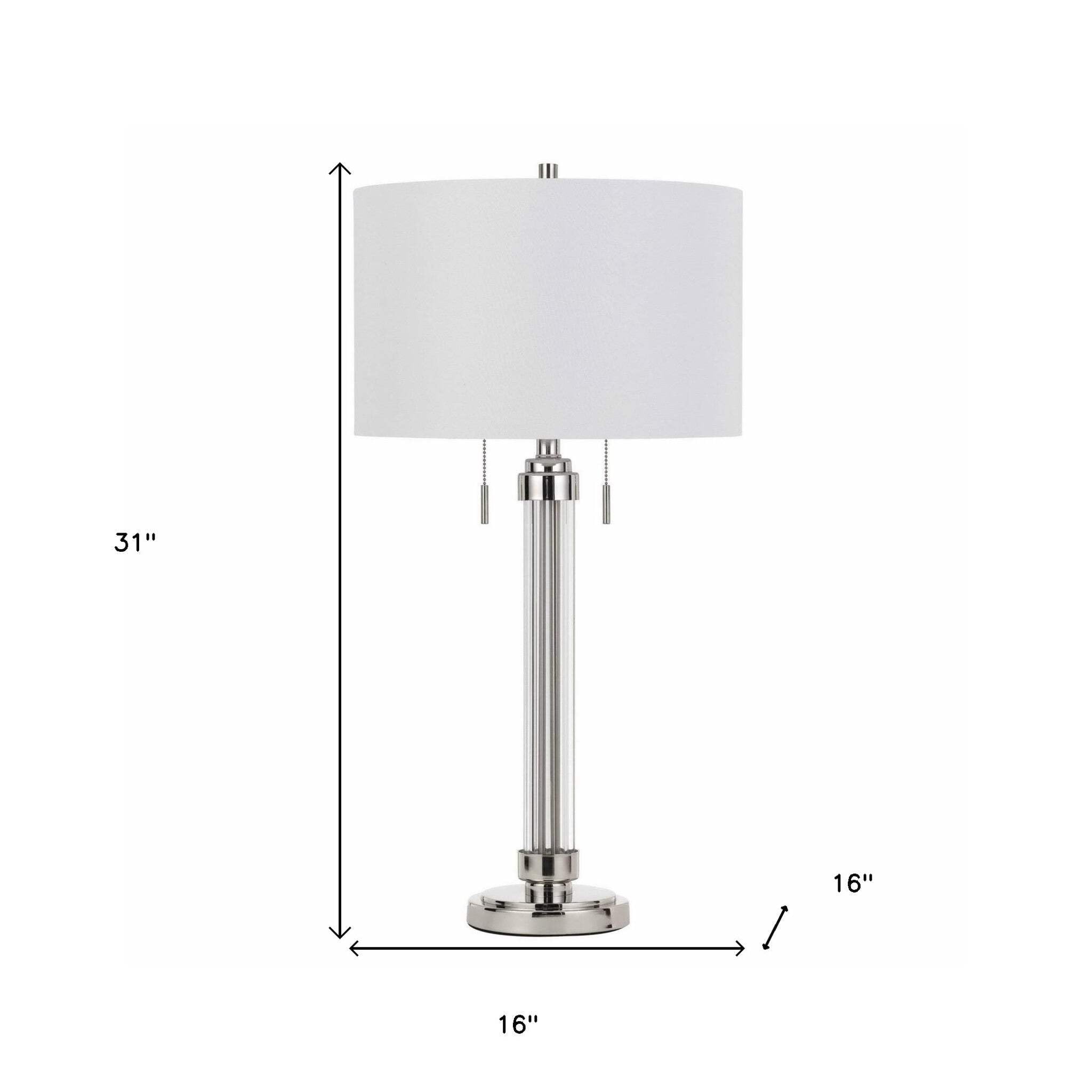 Homeroots Metal Two Light Table Lamp - 31 In. Silver Metallic With White Drum Shade, Model 524769