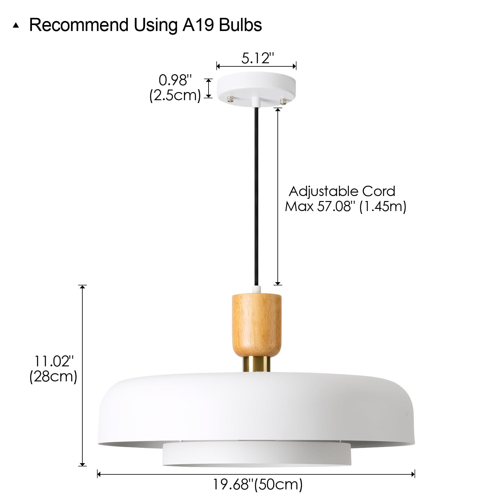 Modern Large Pendant Light 19.68 Inch, 2 Tiers Matte White Shade, Natural Wood And Brass Accent, Mid Century Chandelier For Kitc