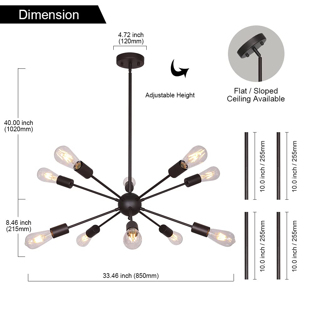 BONLICHT Modern Sputnik Chandelier 10 Lights Metal Oil-Rubbed Bronze Ceiling Light Fixture Model 3006-10OB