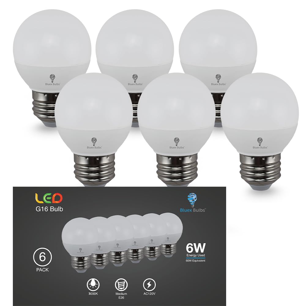Bluex Bulbs 6 Pack G16 Led Light Bulbs - 6W 550 Lumens 3000K Warm White E26 Base 120V - Mini Led Light Bulbs Suitable For Chande