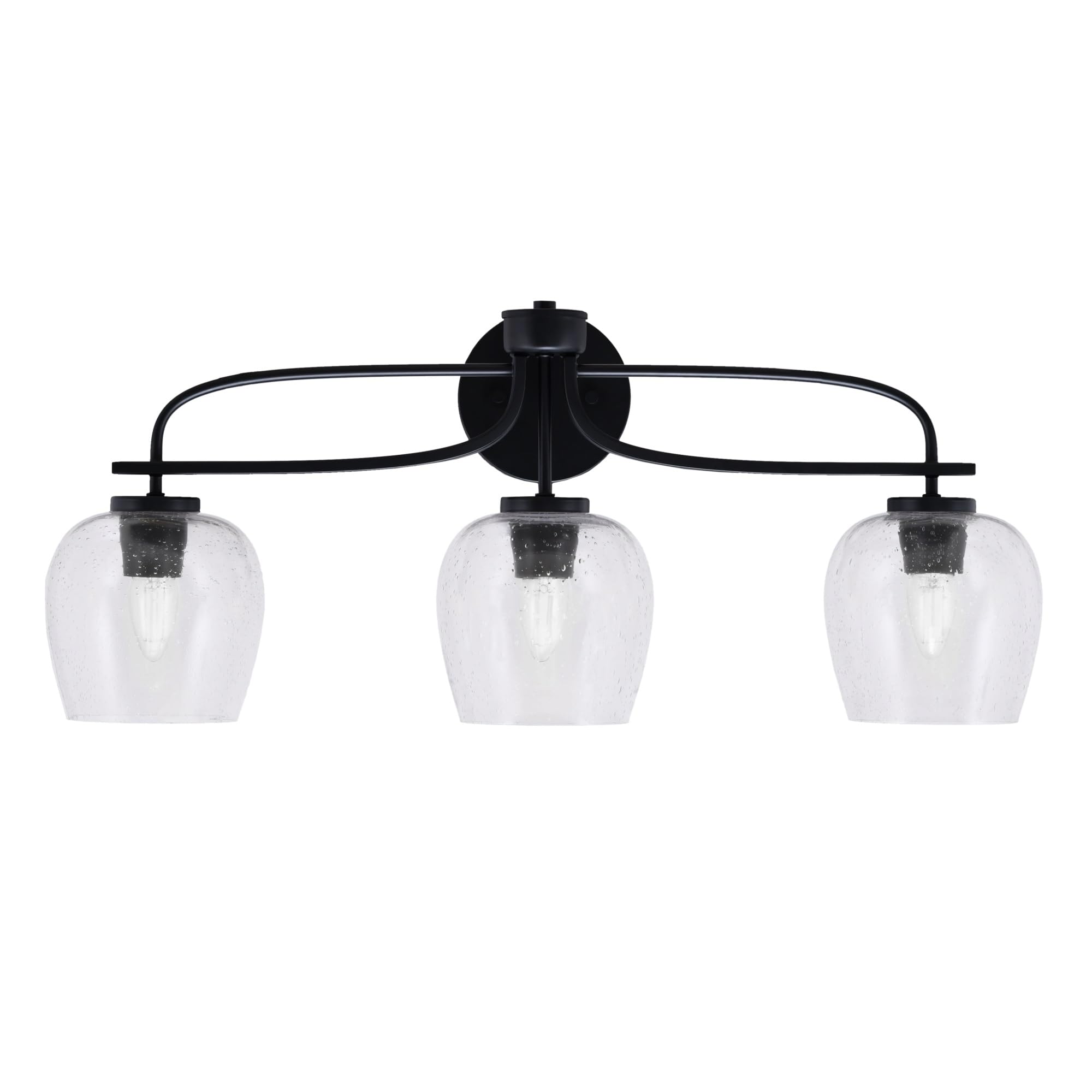 Cavella 3 Light Bath Bar Shown In Matte Black Finish With 6" Clear Bubble Glass