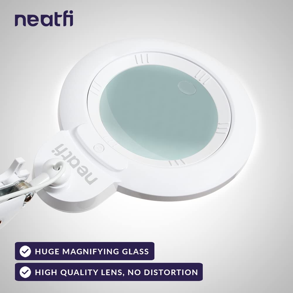 Neatfi XL Bifocal LED Magnifying Lamp, 7-Inch Lens, 5D/20D Magnification, Dimmable, Adjustable Arm, White, With Clamp, Model