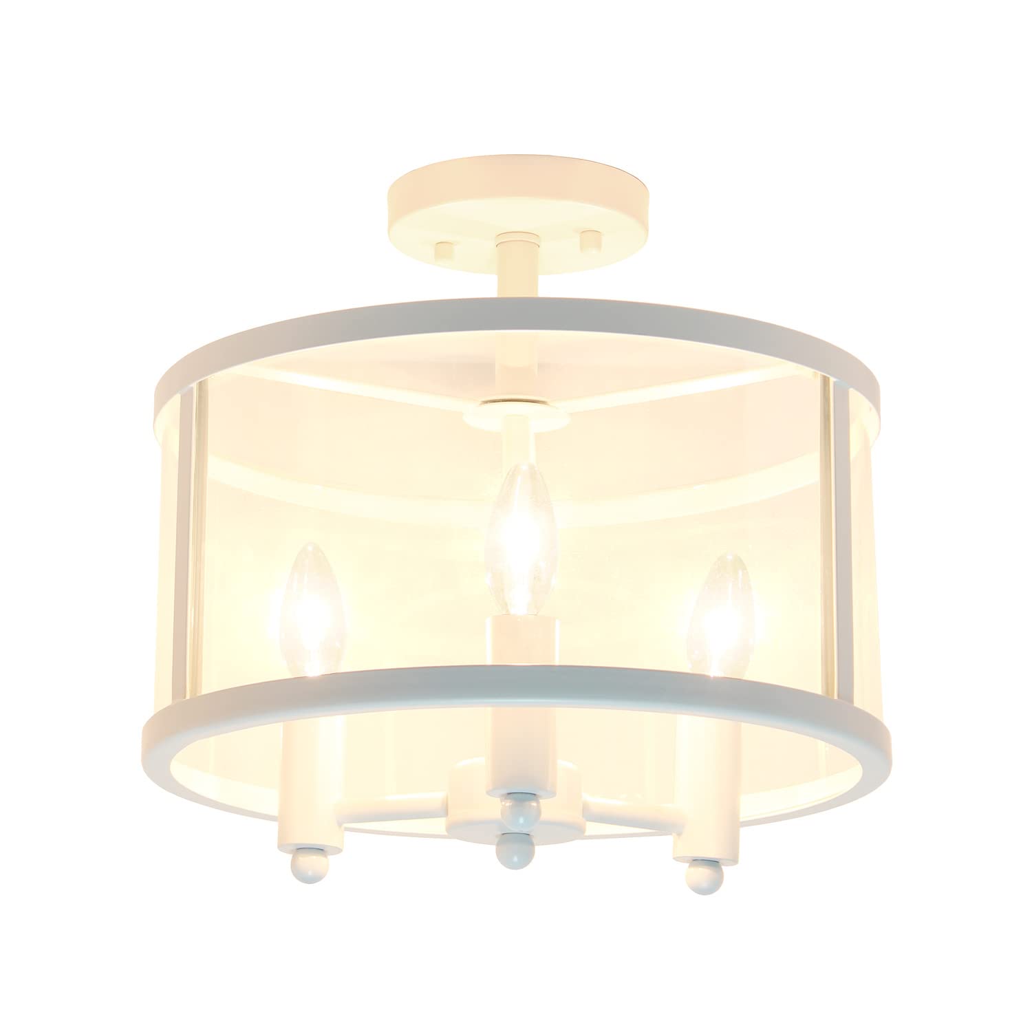 Elegant Designs FM1005-WHT 3-Light Semi-Flushmount Ceiling Light, 13in Iron & Glass, Matte White, Traditional Farmhouse Style