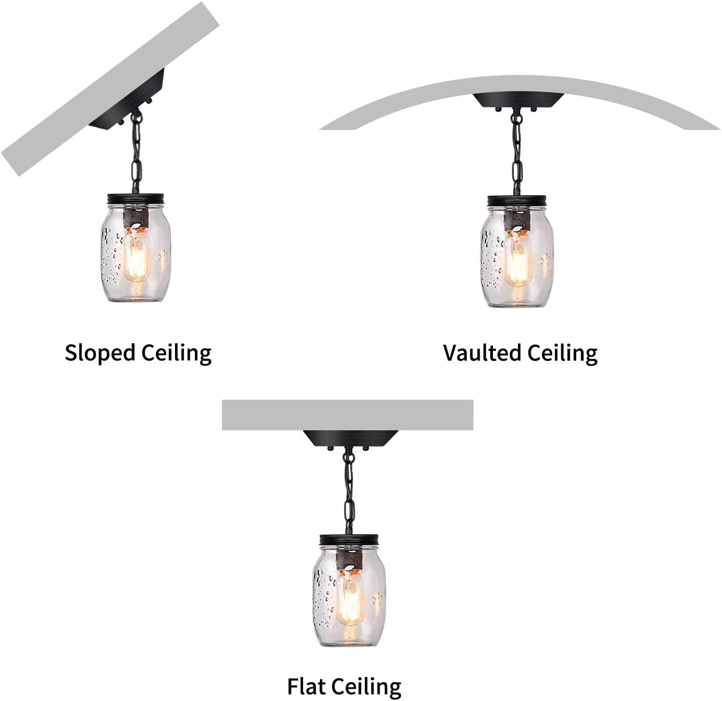 PUZHI HOME Glass Mason Jar Pendant Light Fixture, 1-Light Metal Lighting for Kitchen, Dining Room, Hallway - Black, Model 3