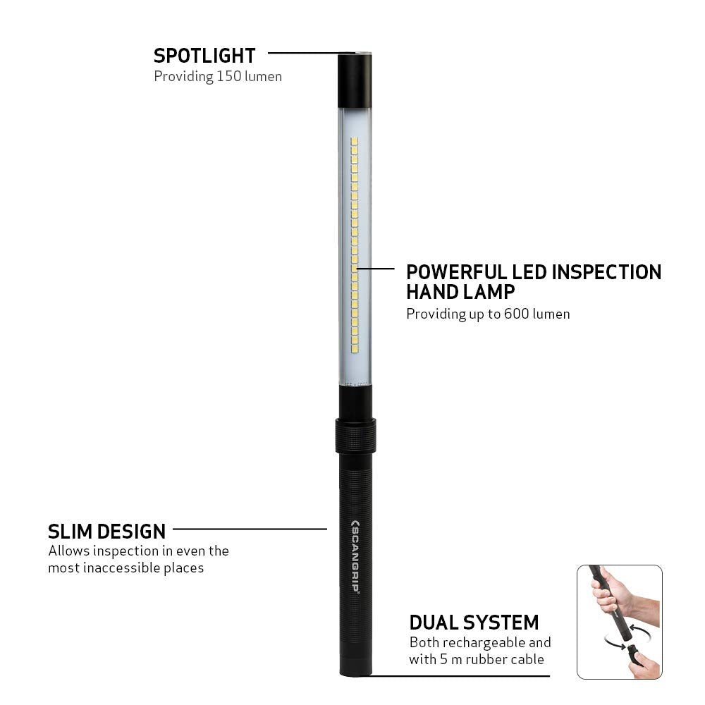 Scangrip Rechargeable LED Work Light, 600 Lumen, Slim Design, Waterproof (IP65), Model 03.5243US, Handheld, Up to 8 Hours Runtime