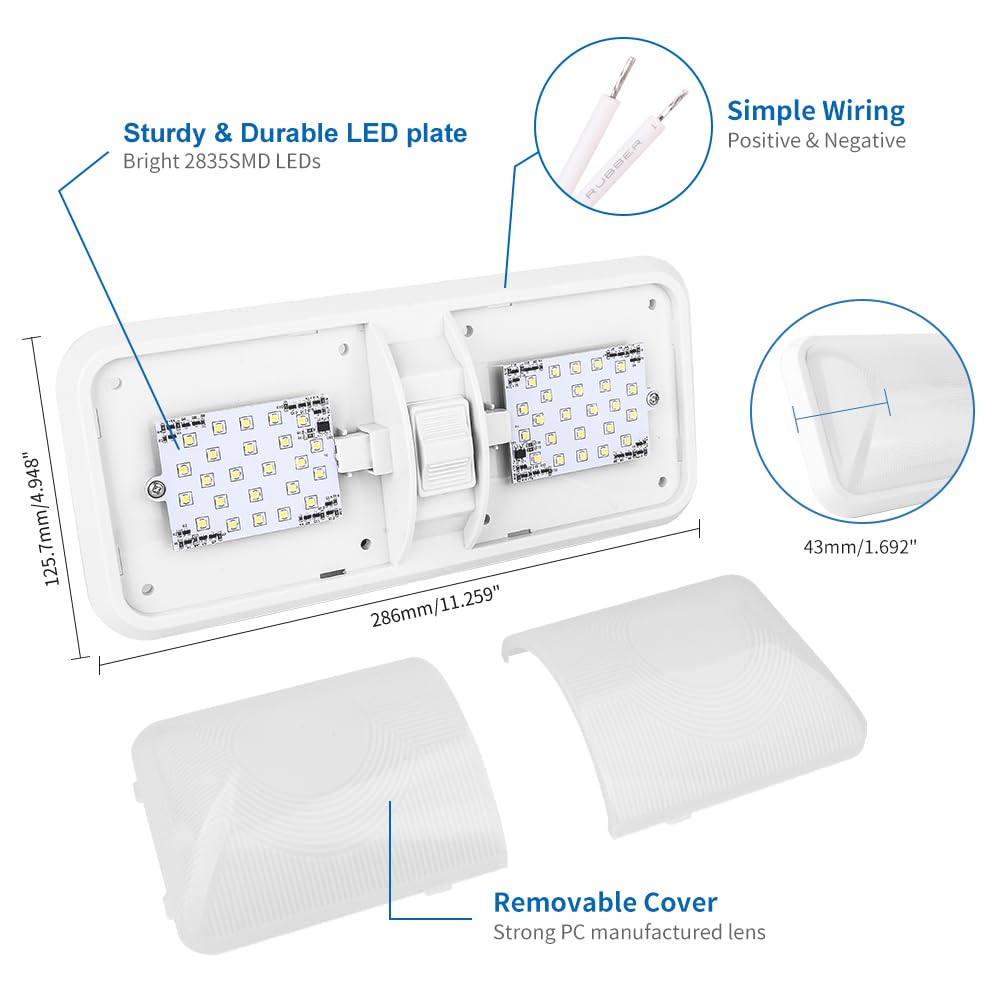 Rvzone 12V Led Rv Ceiling 1100 Lumen Double Dome Light | Rv Interior Lighting Fixture For Rv Trailer Camper Truck Van Boat Car (