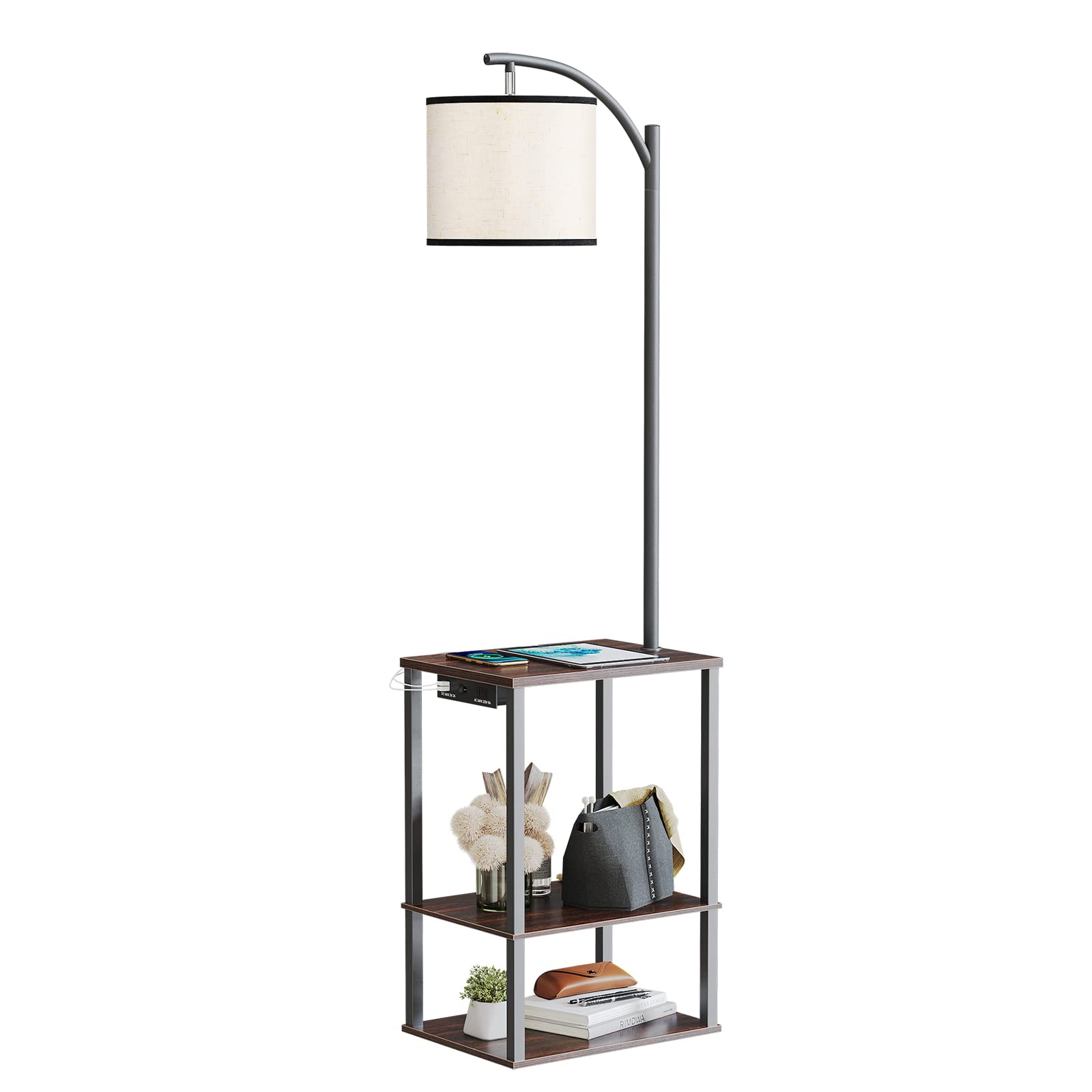 SUNMORY Floor Lamp with Table, Rustic End Table Lamp, Charging Station, 3-Color LED Bulb, Walnut Brown Wood