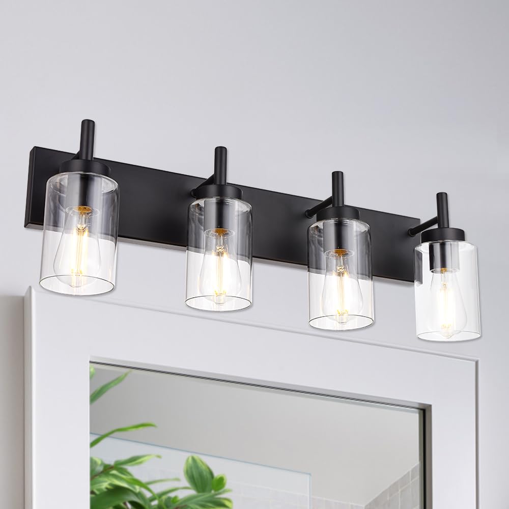 VINLUZ 4-Light Bathroom Vanity Light Fixture, Black Metal Sconces with Clear Glass Shades, Model 1810-4W-11, Modern Industrial Design