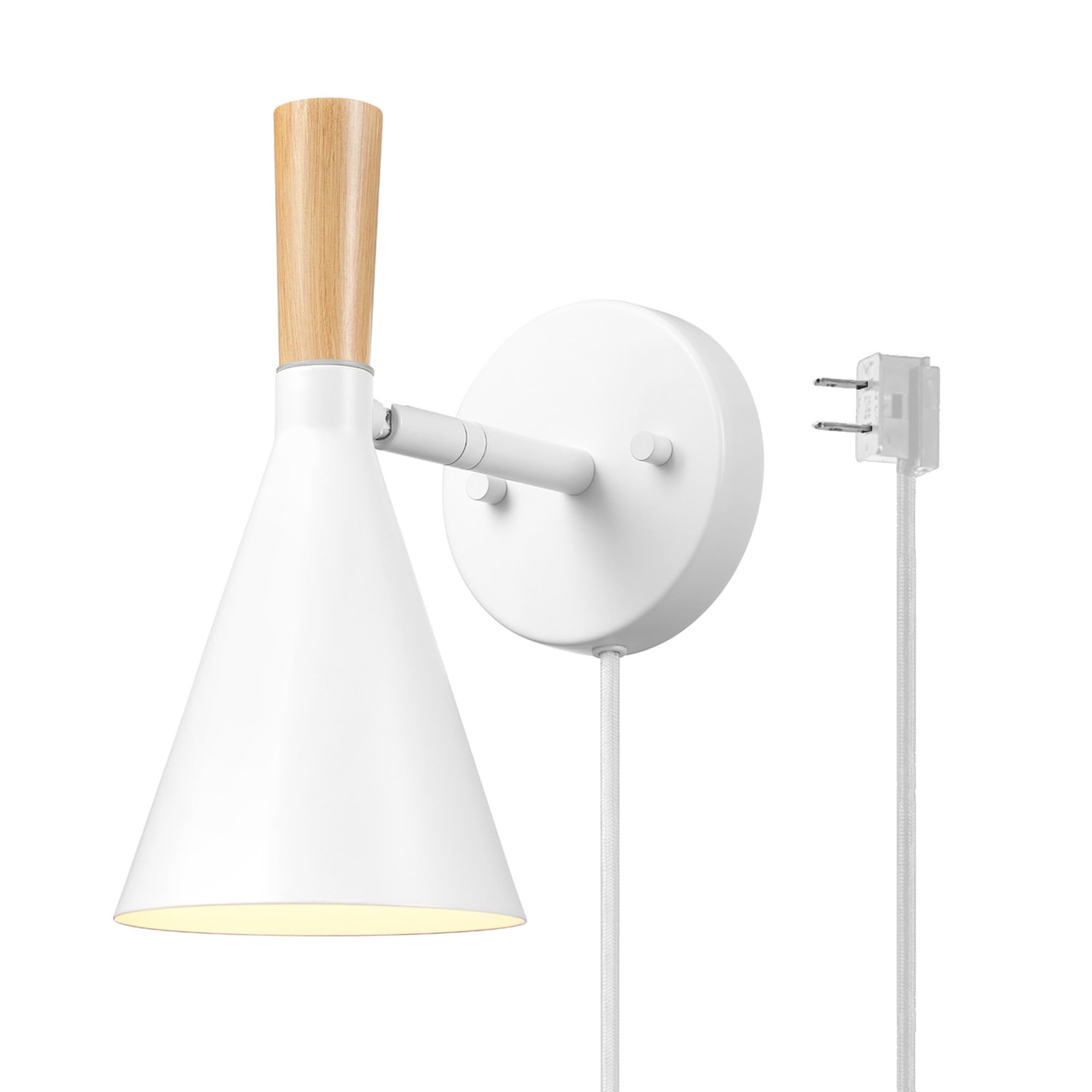 Globe Electric 65000147 1-Light Plug-In Or Hardwire Wall Sconce, Matte White, Light Wood-Toned On/Off Rotary Switch On Pivoting