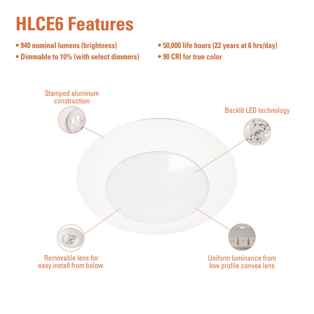 Halo Hlce 6 Inch Integrated Led Recessed Disk Light, 3000K, 900 Lumens, 90 Cri, Title 20 California Compliant, 6-Pack