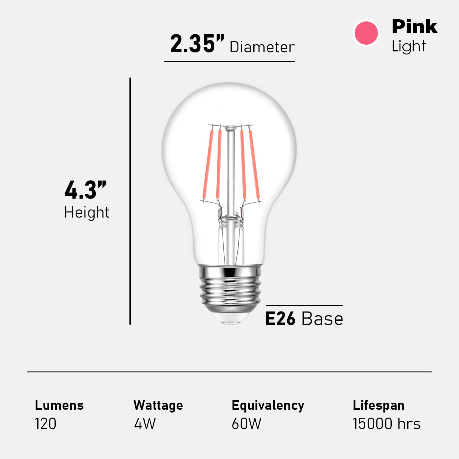 Maelsrlg Pink Light Bulb, 4 Watts, A19 Colored Led Filament Bulbs, Clear Glass, 120 Volts, Dimmable, E26 Base, 2-Pack