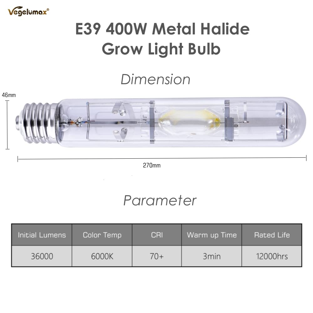 Vegelumax MH 400W Metal Halide Grow Light Bulb, 6000K, 36,000 Lumens, E39 Base, High PAR Blue and Violet Spectrum, 1