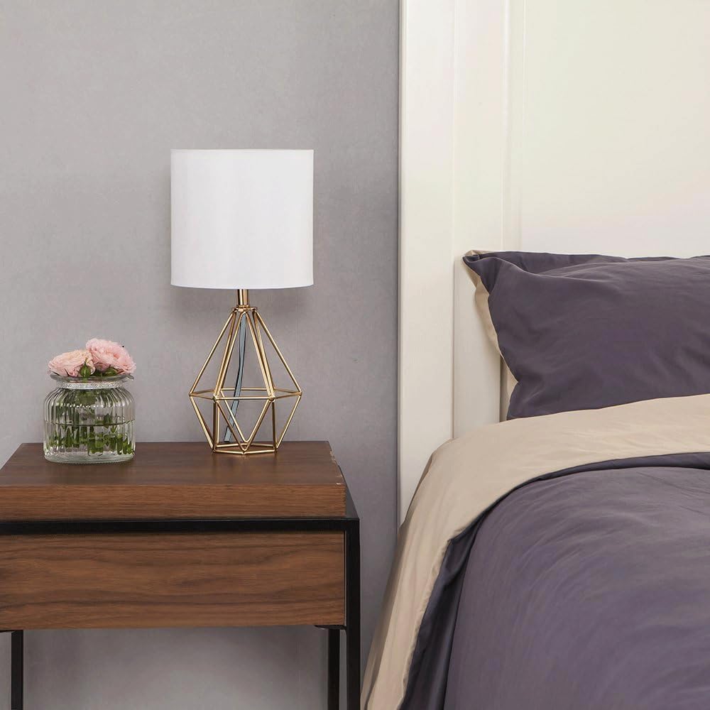 COTULIN Gold Bedroom Table Lamp, Modern Geometric Metal Base, White Fabric Shade, Model ZWL039G, Cute Nightstand Lamp for Kids