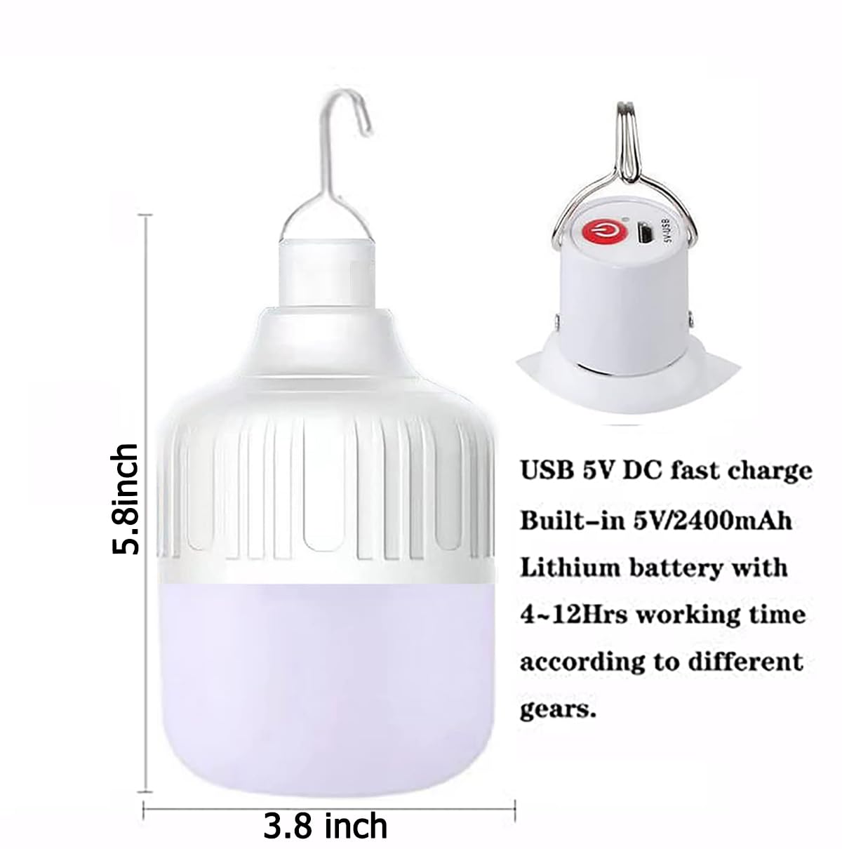 XLSBZ Rechargeable Camping Lantern - IPX4 Waterproof LED Light, 2400mAh Battery, 5 Light Modes, 5.8*3.8in, White, Model LED-G