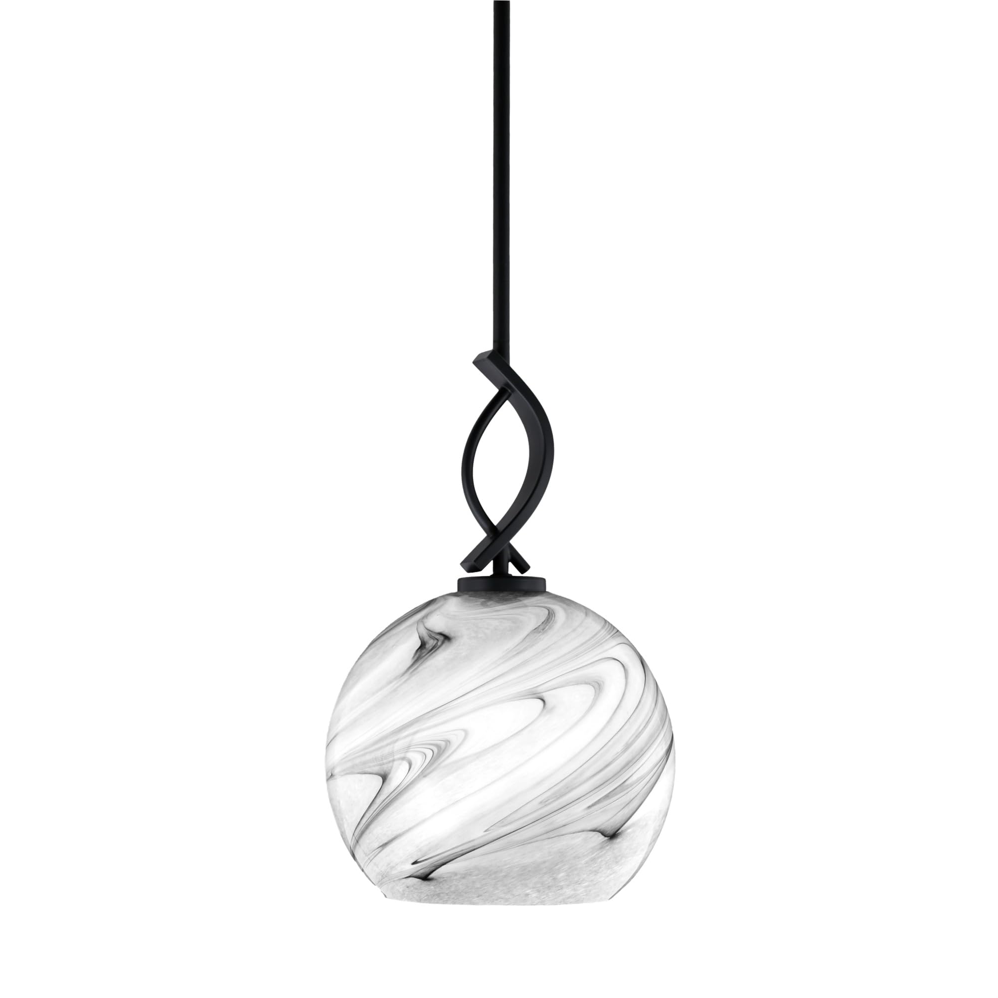 Cavella 1 Light Stem Mini Pendant Shown in Matte Black Finish with 9.5&quot; Onyx Swirl Glass