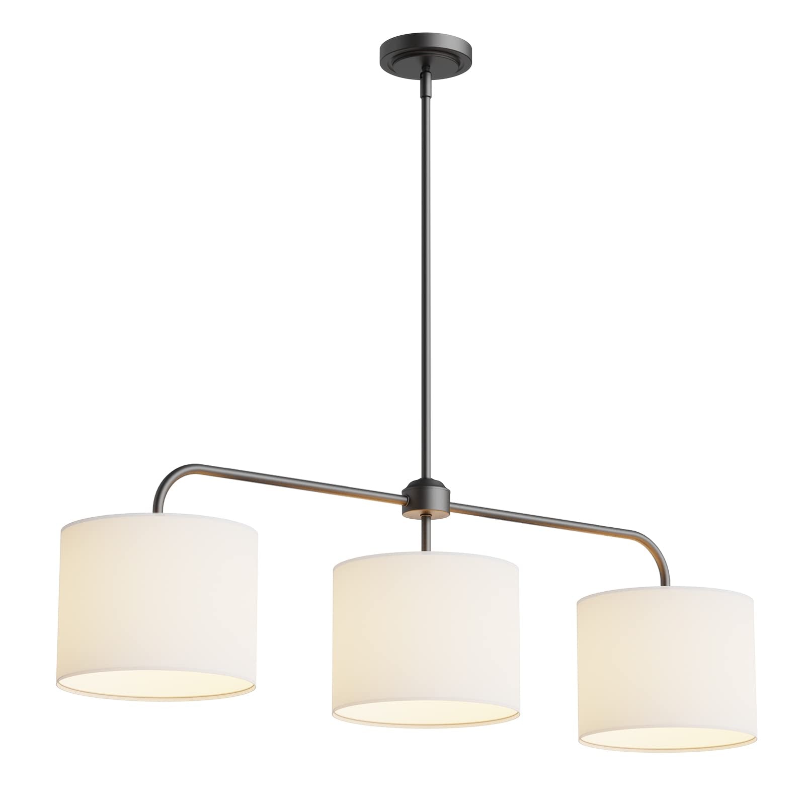 Electro Bp;40'' W 3-Light White Linen Drum Shade Chandelier With Black Metal Linear Pendant Light Fixture For Kitchen Island,Din