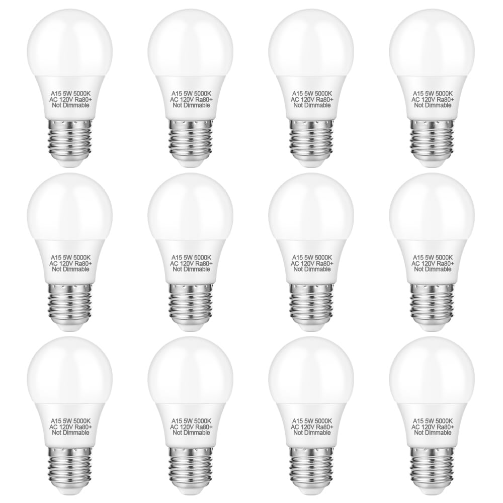 Neteha 12 Pack A15 5W 120V E26 Base Led Refrigerator Light Bulb, Non-Dimmable 50W Equivalent 5000K Daylight White Led Appliance 