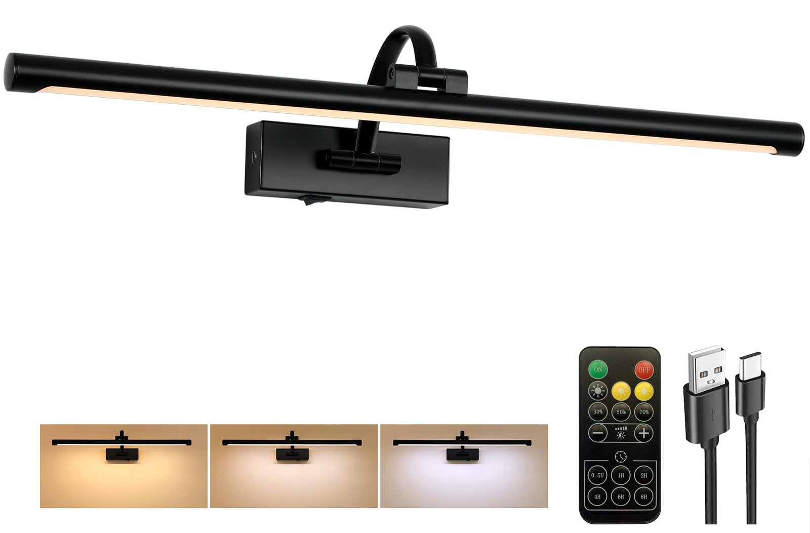 Tassuowell Picture Light Battery Operated with Remote, 3CCT Dimmable Picture Light for Paintings, Black Rechargeable 24 inch Bat