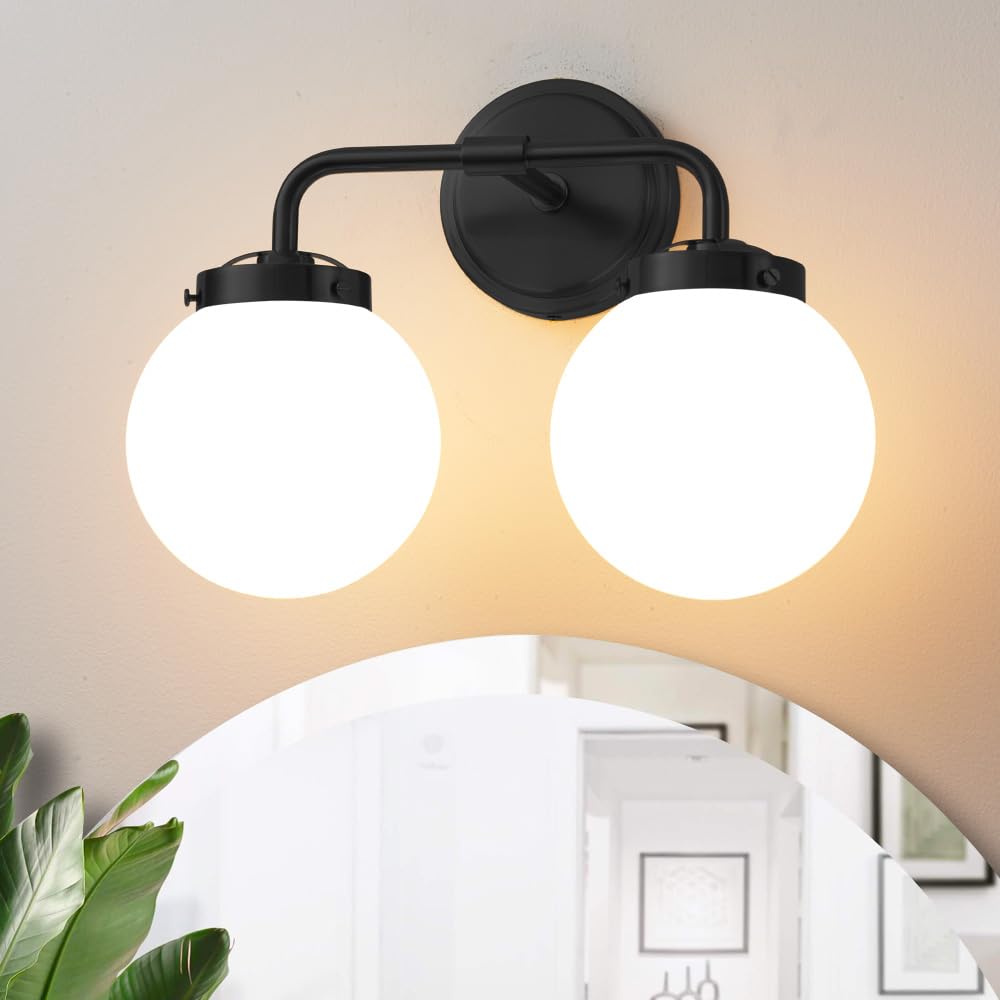 Deyidn Black Bathroom Light Fixtures Over Mirror, Modern Vanity Lighting With Milk White Glass Globe Shades 2-Light Farmhouse Wa