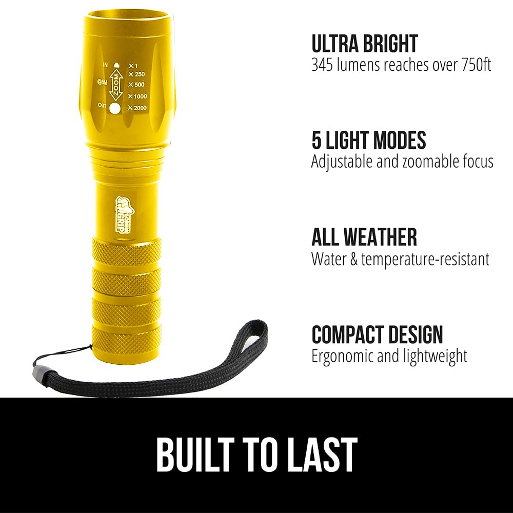 GORILLA GRIP Powerful LED Tactical Flashlight, 750 FT High Lumens 5 Adjustable Modes, Water Resistant, Ultra Bright Zoom Flashli