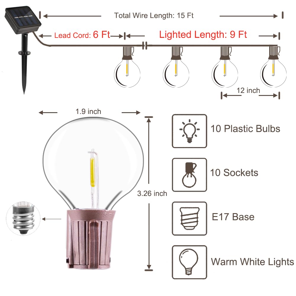 ALL FORTUNE Solar Outdoor String Lights, 15FT Waterproof with 10 Shatterproof Bulbs, Brown, Model SL-90041-SO-10L