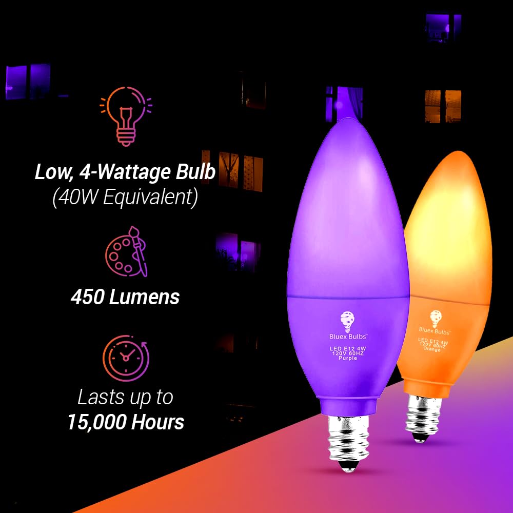6 Pack Bluex Led Candle Purple Light Bulb - 4W (40Watt Equivalent) - E12 Base Purple Led Purple Bulb, Party Decoration, Porch, H