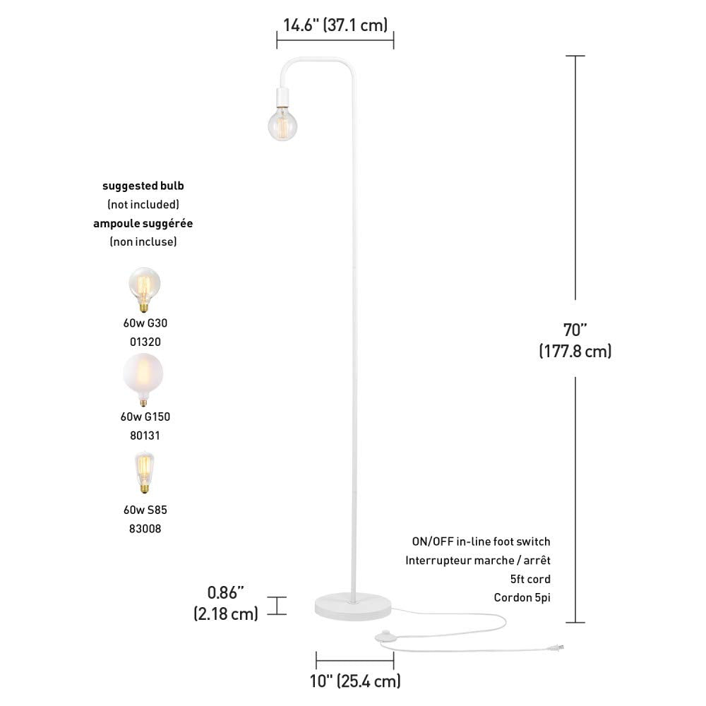 Globe Electric 67069 70'' Matte White Floor Lamp With In-Line On/Off Foot Switch For Living Room, Bedroom, Home Improvement, D