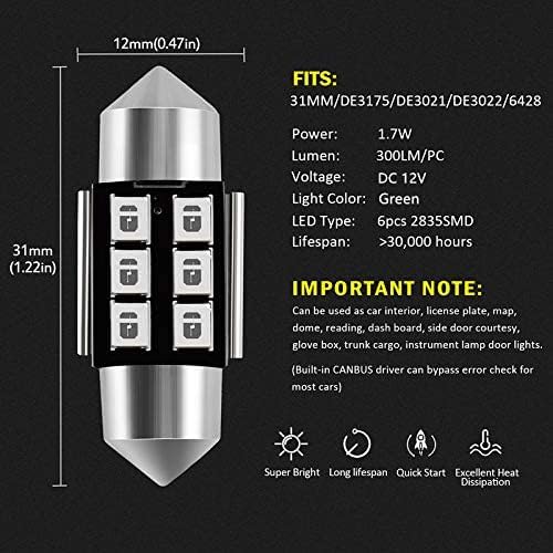 AUXLIGHT Festoon LED Interior Light Bulbs, Green, 31MM, Error Free, 6SMD Chips, Pack of 6